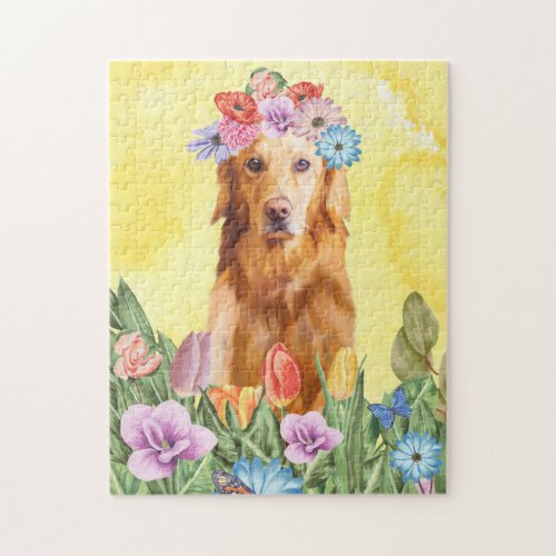 Golden Retriever Dog with Flowers Spring Jigsaw Puzzle