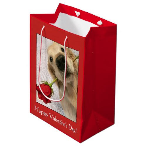 Golden Retriever Dog With Red Rose Valentines Day Medium Gift Bag