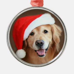 Golden Retriever Dog With Red Santa Hat Metal Ornament
