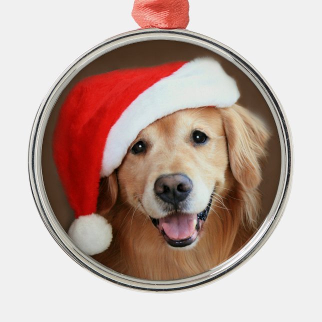 Golden Retriever Dog With Red Santa Hat Metal Ornament (Front)