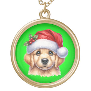 Golden Retriever Dog with Santa Claus Style-82535  Gold Plated Necklace