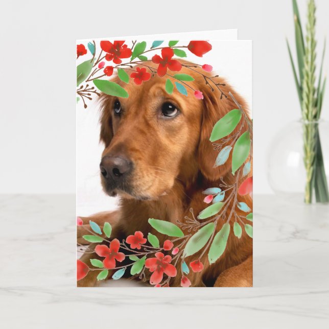 Golden Retriever Dog with Watercolor Red Flowers Card (Front)
