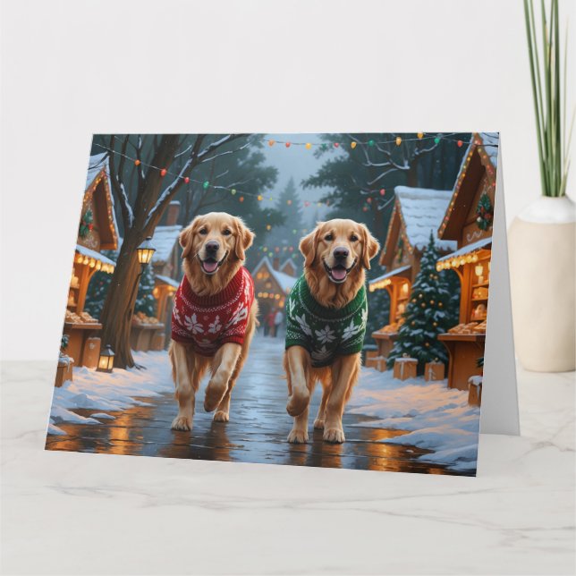 Golden Retriever Dogs Christmas Snow Holiday Card (Front)
