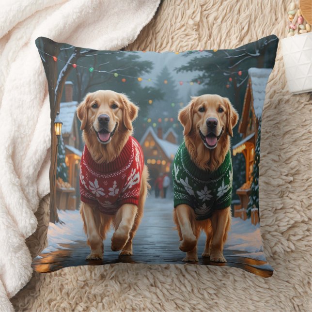 Golden Retriever Dogs Christmas Snow Holiday Throw Pillow (Blanket)