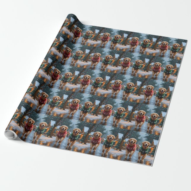 Golden Retriever Dogs Christmas Snow Holiday Wrapping Paper (Unrolled)
