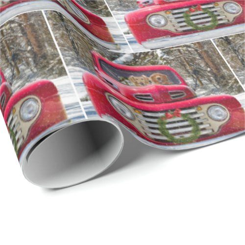 Golden Retriever dogs in red retro truck Wrapping Paper