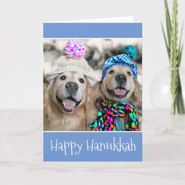 Golden Retriever Dogs in Winter Hats Hanukkah Holiday Card (Front)
