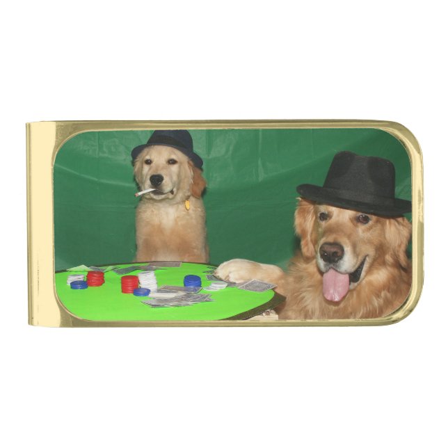 Golden Retriever Dogs Playing Poker Gold Finish Money Clip (Front)