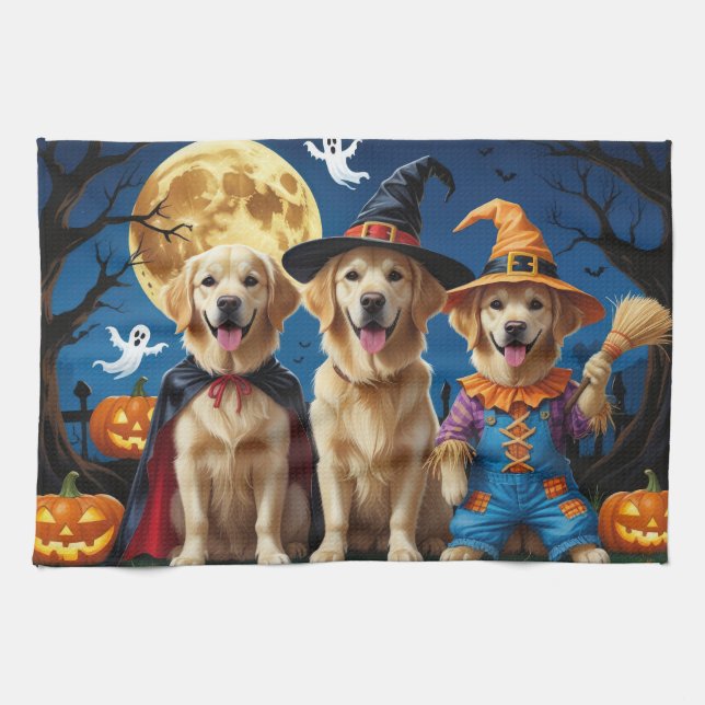 Golden Retriever Dogs Pumpkin Halloween Funny Kitchen Towel (Horizontal)