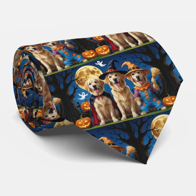 Golden Retriever Dogs Pumpkin Halloween Funny Neck Tie (Rolled)