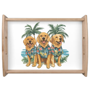 Golden Retriever Dogs Wearing Hawaiian Shirt Serving Tray