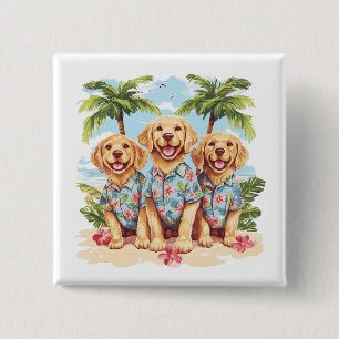 Golden Retriever Dogs Wearing Hawaiian Shirts Button