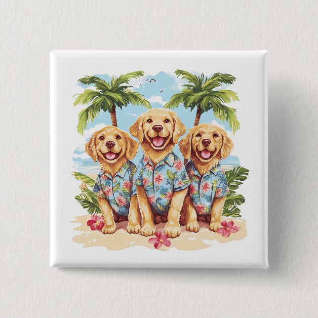 Golden Retriever Dogs Wearing Hawaiian Shirts Button (Front)
