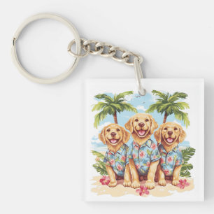 Golden Retriever Dogs Wearing Hawaiian Shirts Keychain