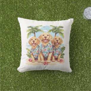 Golden Retriever Dogs Wearing Hawaiian Shirts Outdoor Pillow