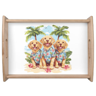 Golden Retriever Dogs Wearing Hawaiian Shirts Serving Tray