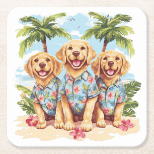 Golden Retriever Dogs Wearing Hawaiian Shirts Square Paper Coaster