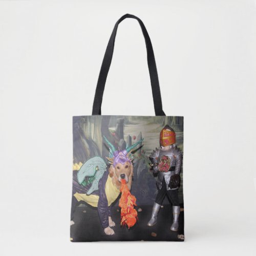 Golden Retriever Dragons Fighting a Knight Tote Bag