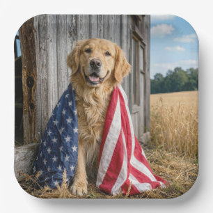 Golden Retriever Draped in an American Flag Paper Plates