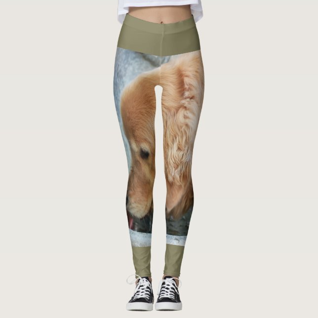 golden retriever drinking from outdoor fountain leggings (Front)