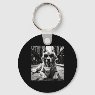 Golden Retriever Drinking Iced Milk Coffee Dog Keychain