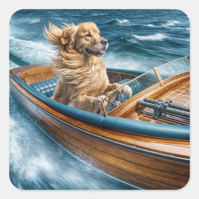 Golden Retriever Driving a Wooden Boat Square Sticker (Front)