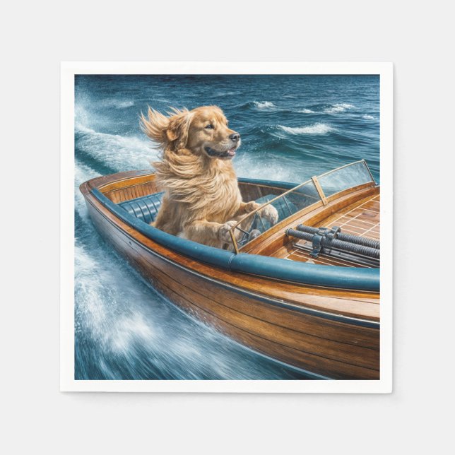 Golden Retriever Driving An Old Motorboat Napkins (Front)