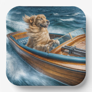 Golden Retriever Driving An Old Wooden Boat Paper Plates