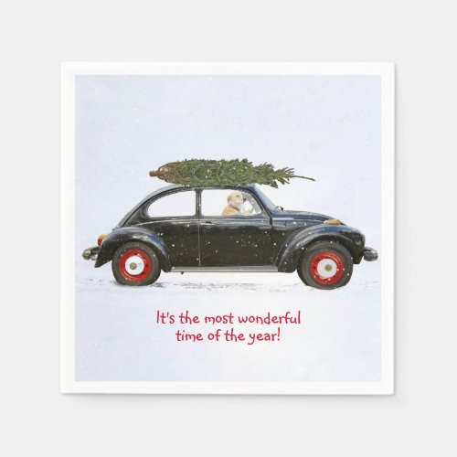 Golden retriever driving old car with holiday tree napkins