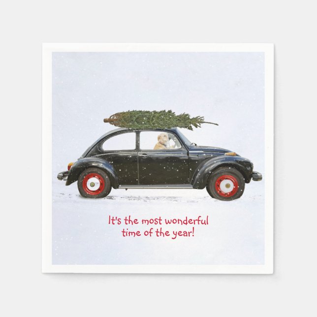 Golden retriever driving old car with holiday tree napkins (Front)