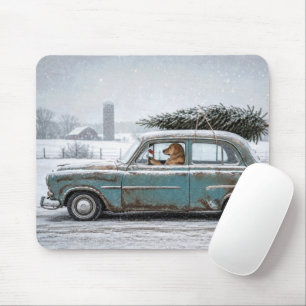 Golden Retriever Driving Retro Car with Pine Tree Mouse Pad