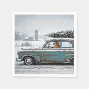 Golden Retriever Driving Retro Car with Pine Tree Napkins