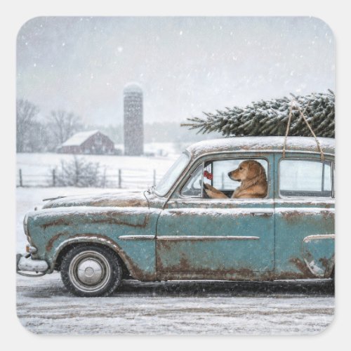 Golden Retriever Driving Retro Car with Pine Tree Square Sticker