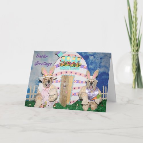 Golden Retriever Easter Bunnies and Egg House Card