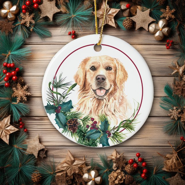 Golden Retriever Evergreen Berry Wreath Ceramic Ornament (Creator Uploaded)