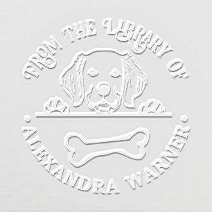 Golden Retriever Eying Bone Library Book Name Embosser