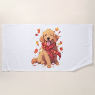Golden Retriever Fall Dog Autumn Leaves  Beach Towel