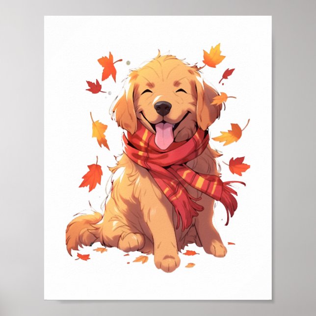 Golden Retriever Fall Dog Autumn Leaves  Poster (Front)