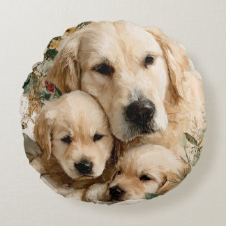 Golden Retriever Family Puppies Vintage Christmas Round Pillow