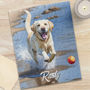Golden Retriever Fetch Watercolor Beach Dog Jigsaw Puzzle