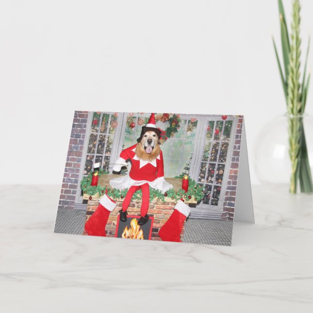 Golden Retriever Fireplace Christmas Elf Holiday Card (Front)