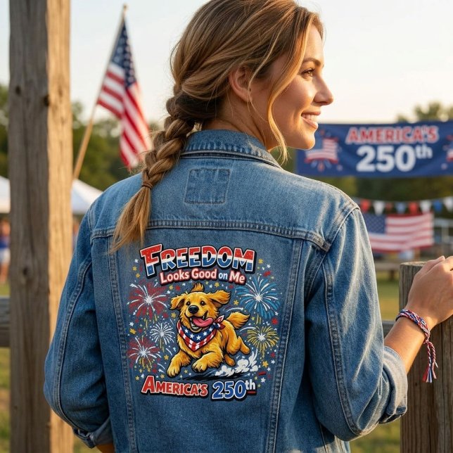 Golden Retriever Fireworks 250th Anniversary  Denim Jacket (Creator Uploaded)