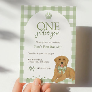 Golden Retriever First Birthday Party Green Invitation