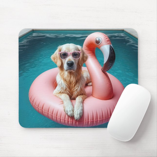 Golden Retriever Floating In a Flamingo Float Mouse Pad (With Mouse)
