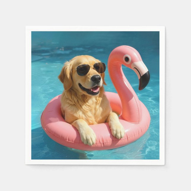 Golden Retriever Floating On a Flamingo Pool Toy Napkins (Front)