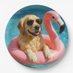 Golden Retriever Floating On a Flamingo Pool Toy Paper Plates