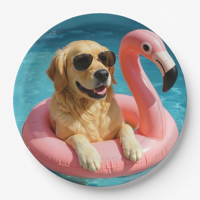 Golden Retriever Floating On a Flamingo Pool Toy Paper Plates (Front)