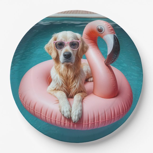 Golden Retriever Floating On a Flamingo Pool Toy Paper Plates (Front)