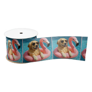 Golden Retriever Floating On a Flamingo Pool Toy Satin Ribbon