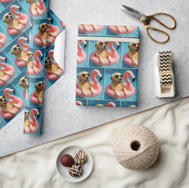 Golden Retriever Floating On a Flamingo Pool Toy Wrapping Paper (Crafts)